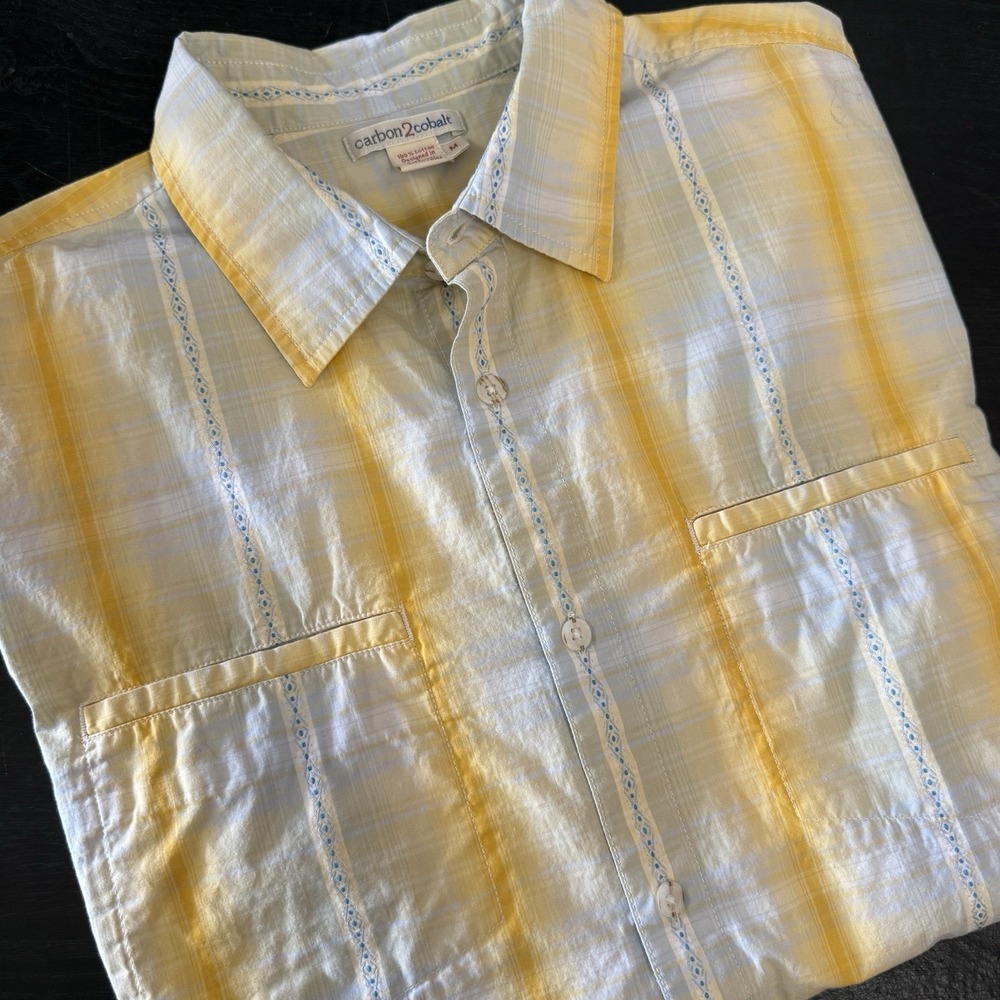 Carbon 2 Cobalt Mens M‎ yellow Blue plaid short sleeve button Up shirt